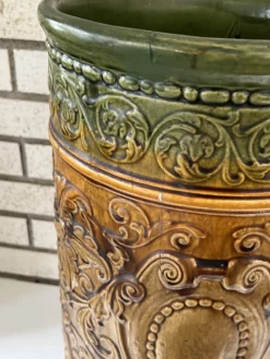 1920s Antique Weller Art Pottery Umbrella Stand In Green & Brown -Chairish Shop 1920s antique weller art pottery umbrella stand in green and brown 0521