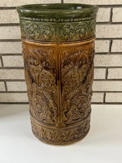 1920s Antique Weller Art Pottery Umbrella Stand In Green & Brown -Chairish Shop 1920s antique weller art pottery umbrella stand in green and brown 4484