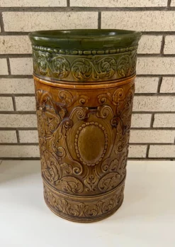 1920s Antique Weller Art Pottery Umbrella Stand In Green & Brown -Chairish Shop 1920s antique weller art pottery umbrella stand in green and brown 5388 scaled