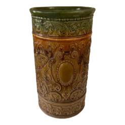 1920s Antique Weller Art Pottery Umbrella Stand In Green & Brown