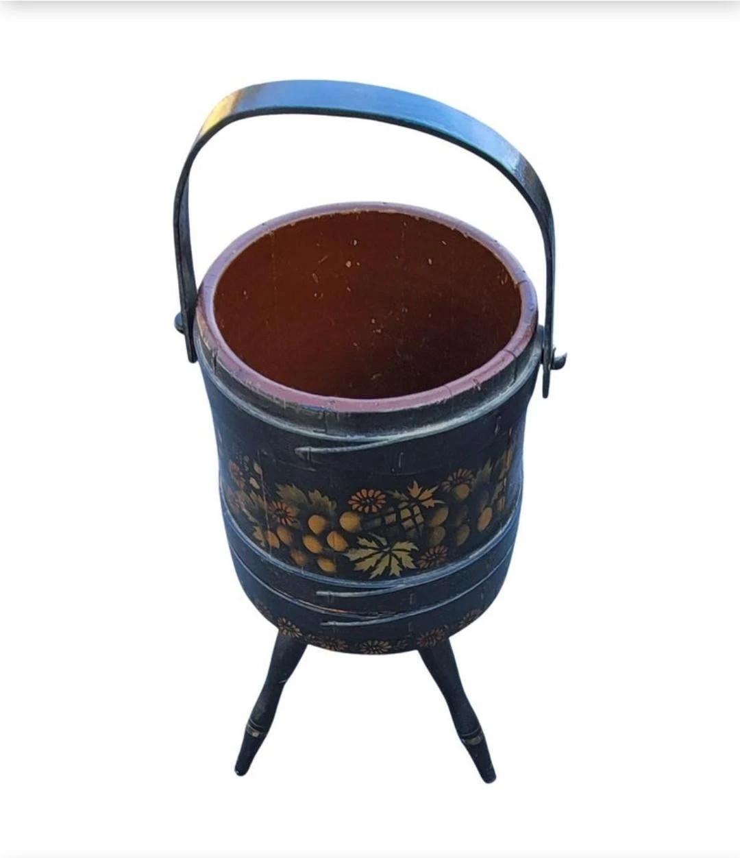 1920s Hand-Crafted, Painted And Decorated Tripod Firkin Or Sewing Bucket 2 1920s Hand-Crafted, Painted And Decorated Tripod Firkin Or Sewing Bucket - Image 2