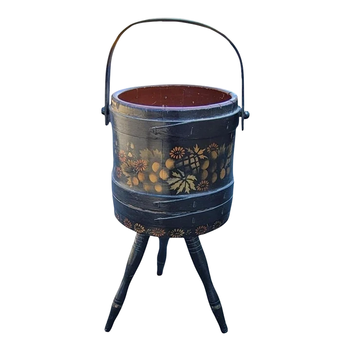 1920s Hand-Crafted, Painted And Decorated Tripod Firkin Or Sewing Bucket 1 1920s Hand-Crafted, Painted And Decorated Tripod Firkin Or Sewing Bucket