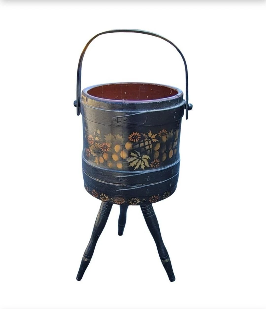 1920s Hand-Crafted, Painted And Decorated Tripod Firkin Or Sewing Bucket 7 1920s Hand-Crafted, Painted And Decorated Tripod Firkin Or Sewing Bucket - Image 7