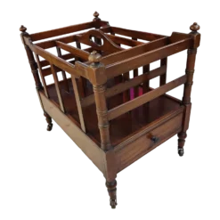 1930s Antique English Style Canterbury Mahogany Magazine Rack On Brass Casters
