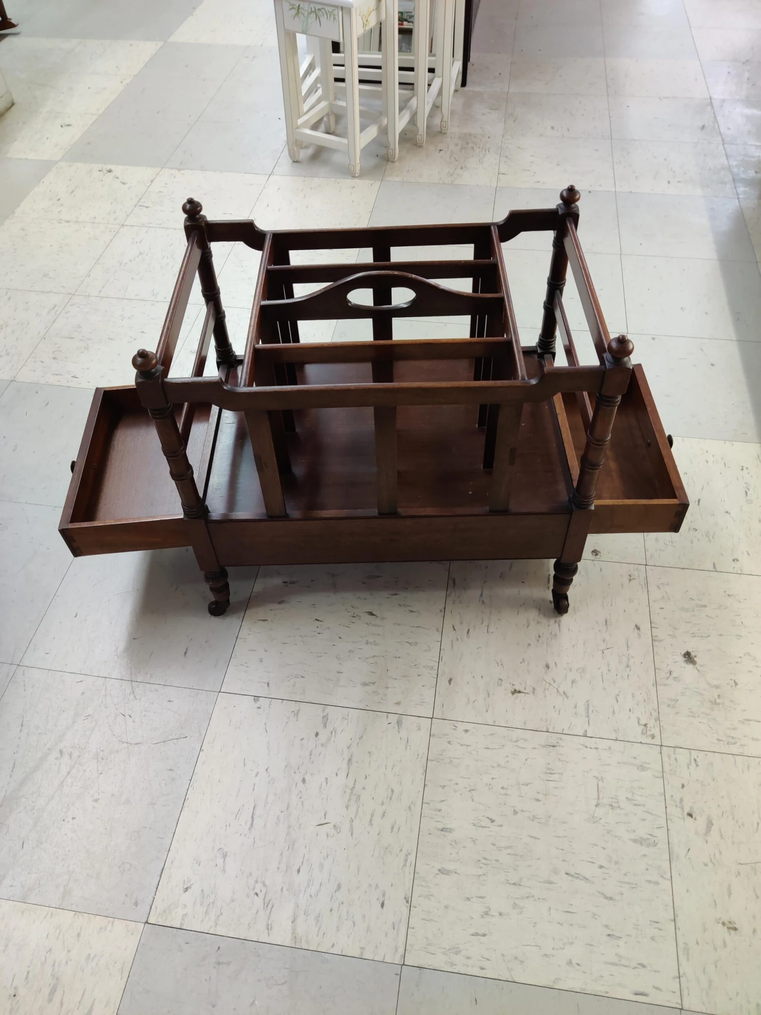 1930s Antique English Style Canterbury Mahogany Magazine Rack On Brass Casters 4 1930s Antique English Style Canterbury Mahogany Magazine Rack On Brass Casters - Image 4