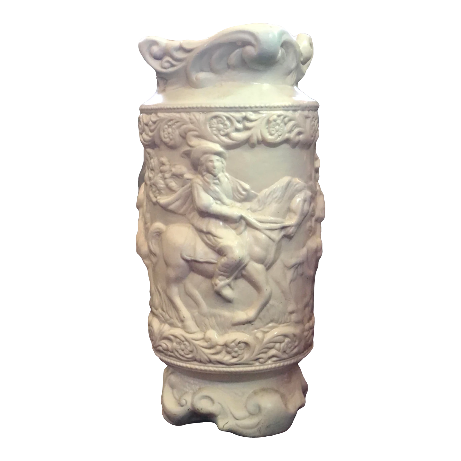 1940s White Glazed Ceramic Large Vessel, Vase Or Umbrella Stand With Romantic Scenes In Relief 1 1940s White Glazed Ceramic Large Vessel, Vase Or Umbrella Stand With Romantic Scenes In Relief