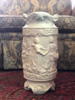 1940s White Glazed Ceramic Large Vessel, Vase Or Umbrella Stand With Romantic Scenes In Relief 15 1940s White Glazed Ceramic Large Vessel, Vase Or Umbrella Stand With Romantic Scenes In Relief -Chairish Shop 1940s white glazed ceramic large vessel vase or umbrella stand with romantic scenes in relief 9171 scaled