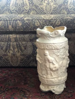 1940s White Glazed Ceramic Large Vessel, Vase Or Umbrella Stand With Romantic Scenes In Relief 11 1940s White Glazed Ceramic Large Vessel, Vase Or Umbrella Stand With Romantic Scenes In Relief -Chairish Shop 1940s white glazed ceramic large vessel vase or umbrella stand with romantic scenes in relief 9815