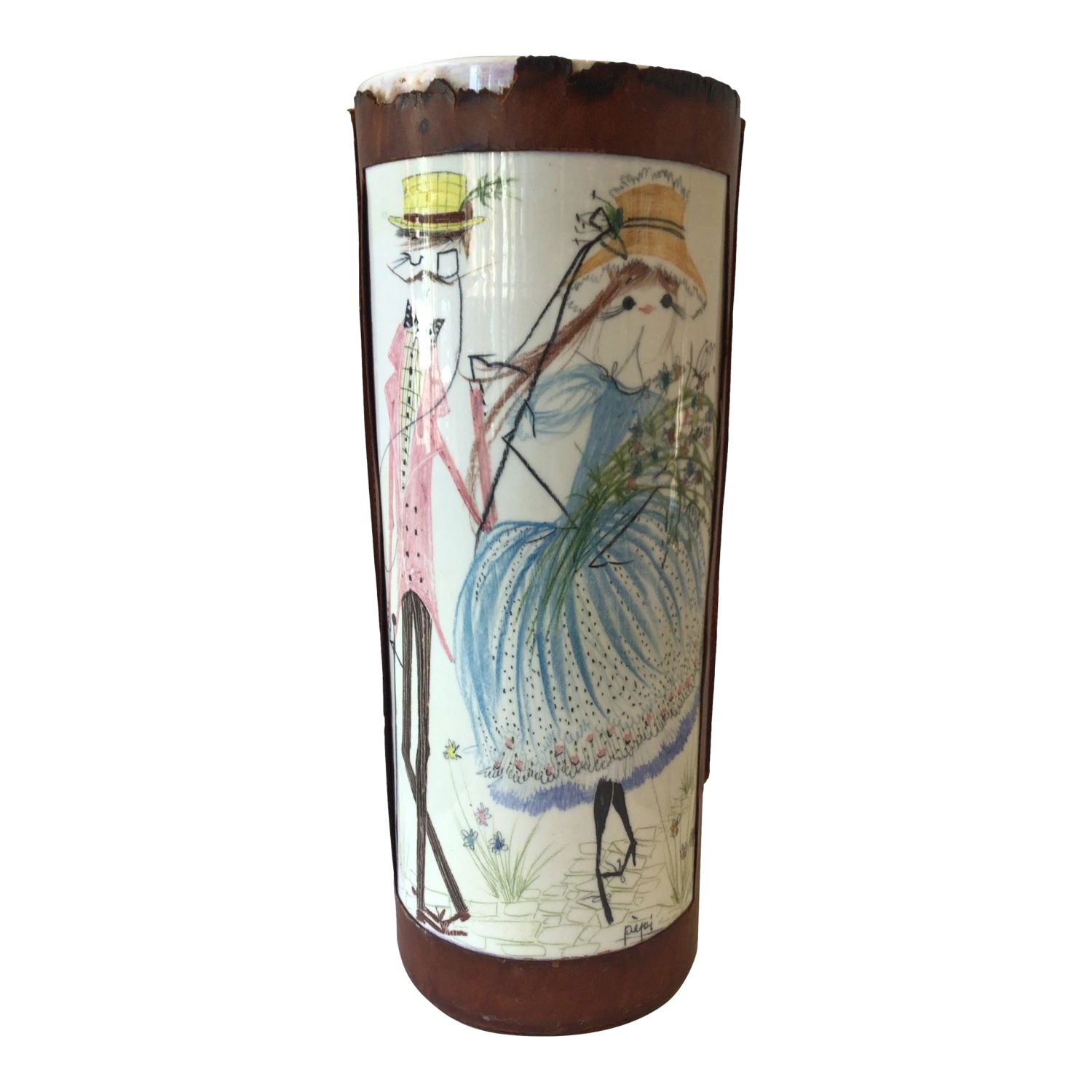 1960s Italian Quadrifoglio Hand Painted Ceramic And Leather Umbrella Stand/Vase 1 1960s Italian Quadrifoglio Hand Painted Ceramic And Leather Umbrella Stand/Vase