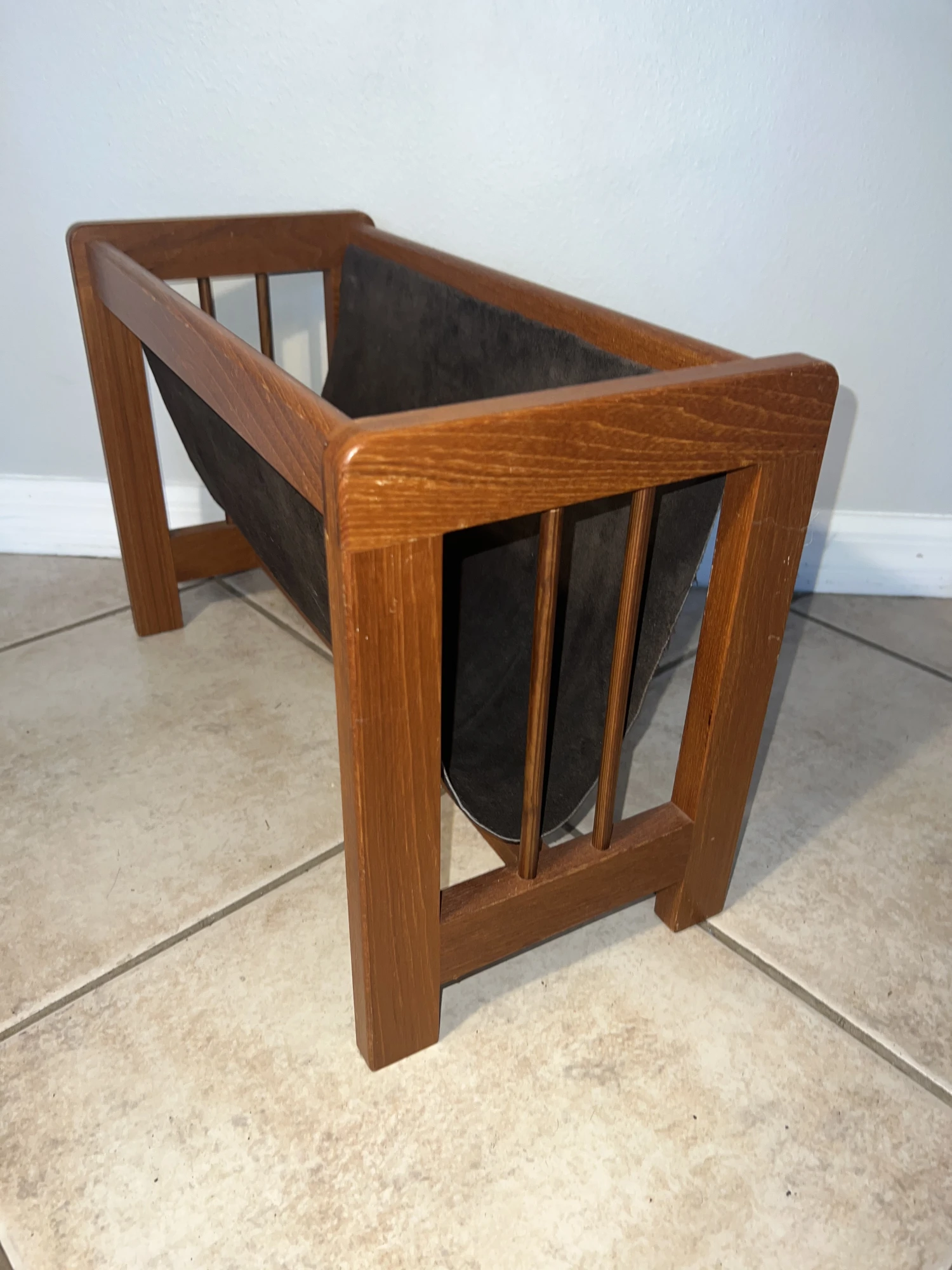 1960s Teak & Suede Leather Magazine Rack, Made In Denmark 2 1960s Teak & Suede Leather Magazine Rack, Made In Denmark - Image 2