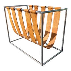 1970s Cognac Saddle Leather & Chrome Magazine Rack