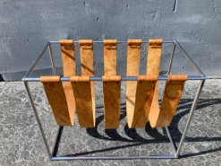 1970s Cognac Saddle Leather & Chrome Magazine Rack -Chairish Shop 1970s cognac saddle leather and chrome magazine rack 9928 scaled
