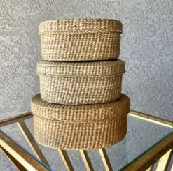 1970s Nesting Lidded Oblong Handwoven Grass Baskets - Set Of 3 -Chairish Shop 1970s nesting lidded oblong handwoven grass baskets set of 3 6937 scaled