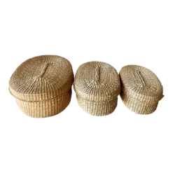 1970s Nesting Lidded Oblong Handwoven Grass Baskets - Set Of 3
