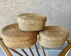 1970s Nesting Lidded Oblong Handwoven Grass Baskets - Set Of 3 -Chairish Shop 1970s nesting lidded oblong handwoven grass baskets set of 3 8300 scaled