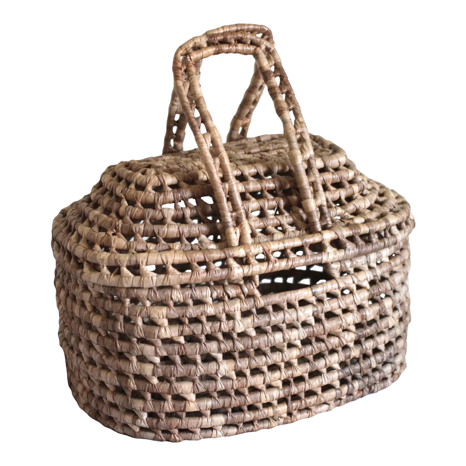 1970s Woven Lidded Basket With Handles 1 1970s Woven Lidded Basket With Handles