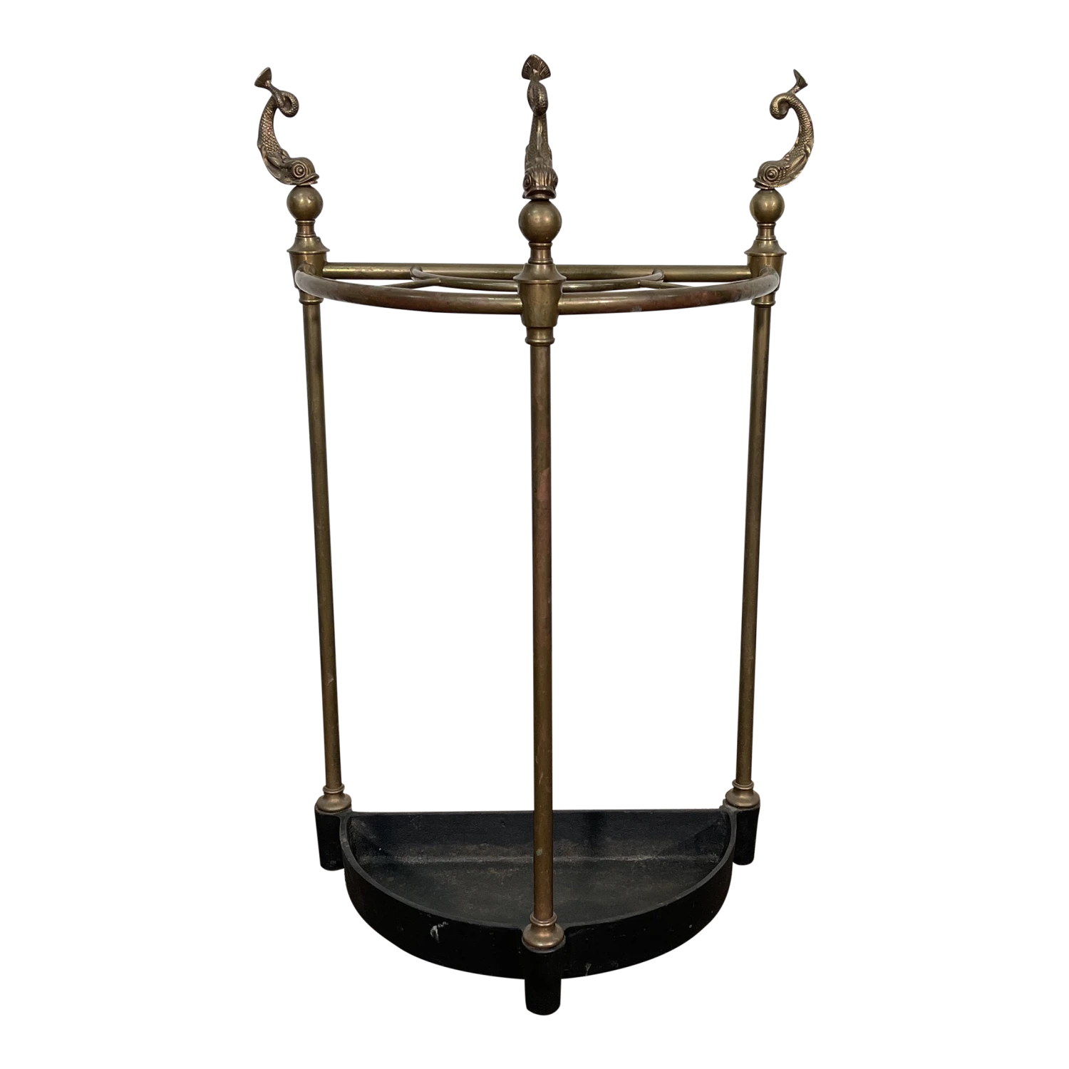 1980s Brass Fish Umbrella Stand With Iron Base 1 1980s Brass Fish Umbrella Stand With Iron Base