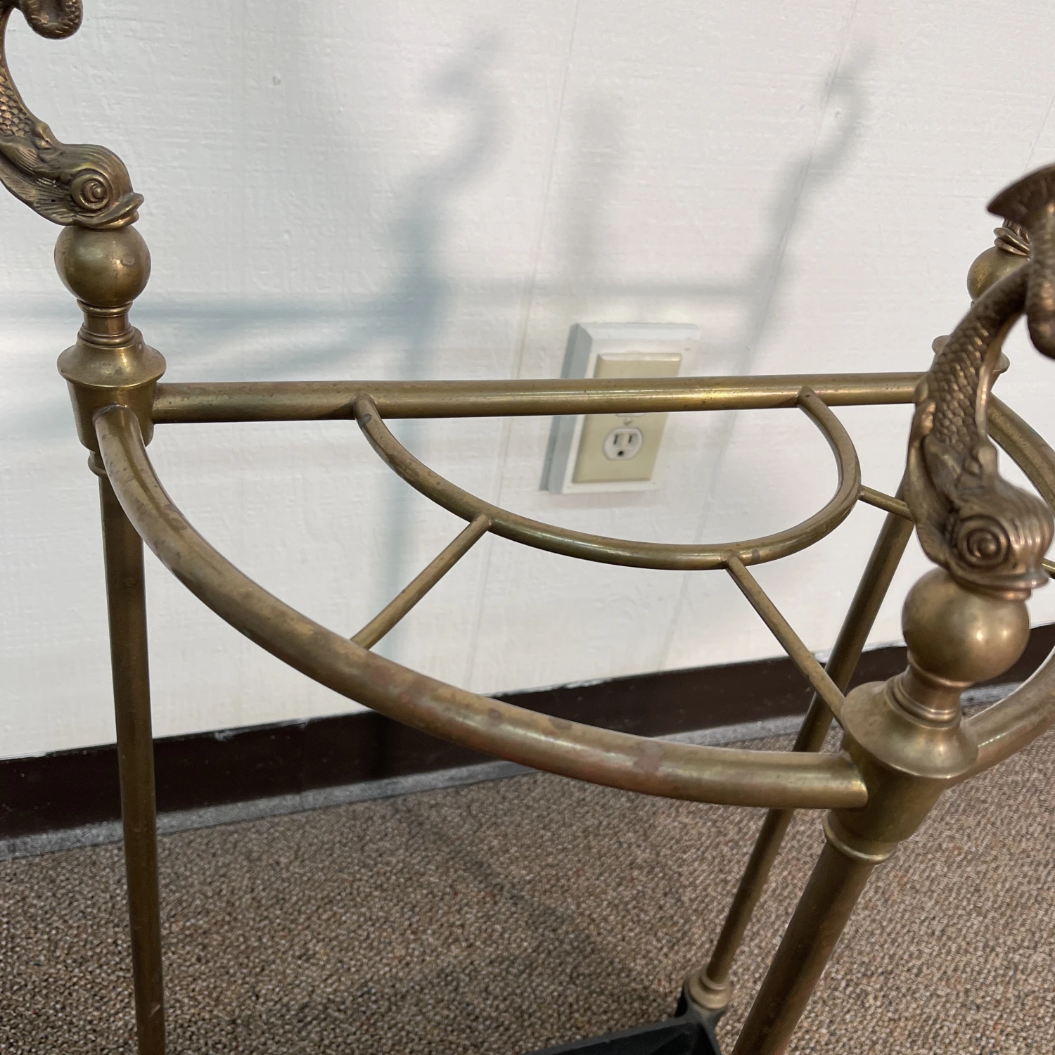 1980s Brass Fish Umbrella Stand With Iron Base 8 1980s Brass Fish Umbrella Stand With Iron Base - Image 8