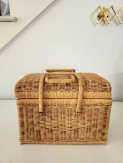 1980s Vintage Wicker Basket With Cross Stich Kit -Chairish Shop 1980s vintage wicker basket with cross stich kit 5152