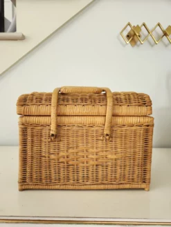 1980s Vintage Wicker Basket With Cross Stich Kit -Chairish Shop 1980s vintage wicker basket with cross stich kit 9047