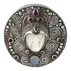 1990s Sajen Sterling Silver Ruby Moonstone Garnet Goddess Face Trinket Box