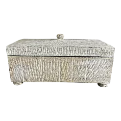 1990s Vintage Carved Wood Box With Lid Gray White & Black