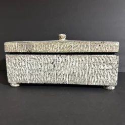 1990s Vintage Carved Wood Box With Lid Gray White & Black -Chairish Shop 1990s vintage carved wood box with lid gray white and black 4929 scaled