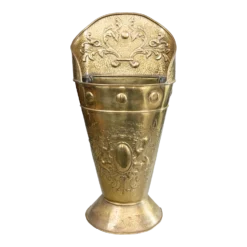 19th C. French Heraldic Hammered Brass Repoussé Grape Hod Umbrella Stand