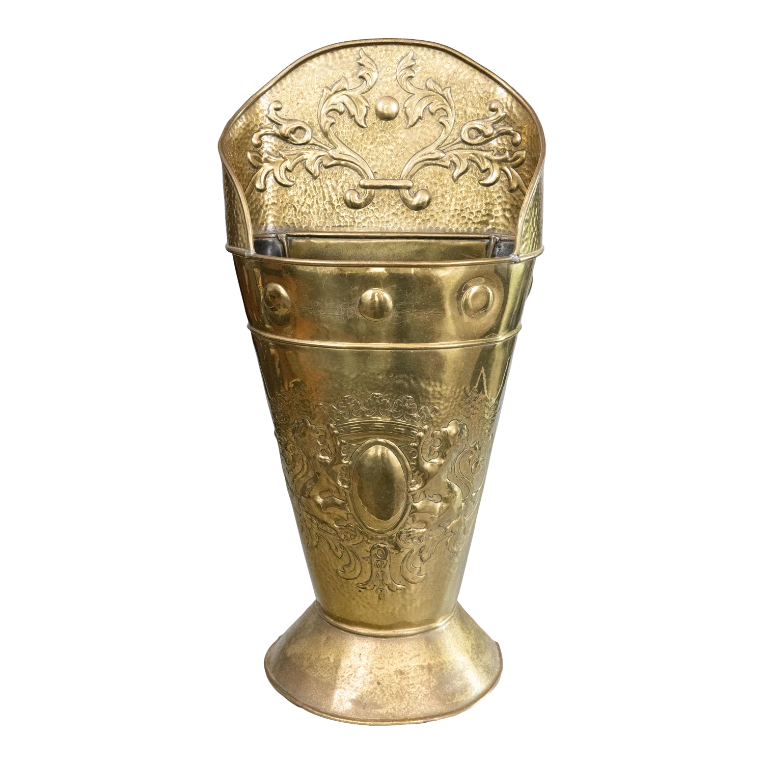 19th C. French Heraldic Hammered Brass Repoussé Grape Hod Umbrella Stand 1 19th C. French Heraldic Hammered Brass Repoussé Grape Hod Umbrella Stand