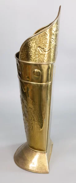 19th C. French Heraldic Hammered Brass Repoussé Grape Hod Umbrella Stand 11 19th C. French Heraldic Hammered Brass Repoussé Grape Hod Umbrella Stand -Chairish Shop 19th c french heraldic hammered brass repousse grape hod umbrella stand 9676 scaled