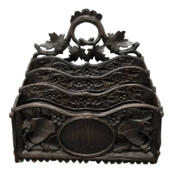 19th Century Antique German Or Swiss Black Forest Hand Carved 3 Section Foliate Canterbury With Handle