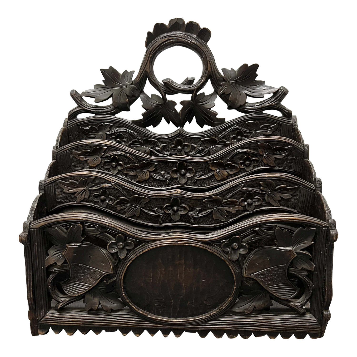 19th Century Antique German Or Swiss Black Forest Hand Carved 3 Section Foliate Canterbury With Handle 1 19th Century Antique German Or Swiss Black Forest Hand Carved 3 Section Foliate Canterbury With Handle