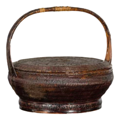 19th Century Chinese Qing Dynasty Handwoven Rattan & Bamboo Handled Basket