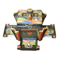 20s Japanese Porcelain Moriage Box And Ashtray Set W Figural Decorations