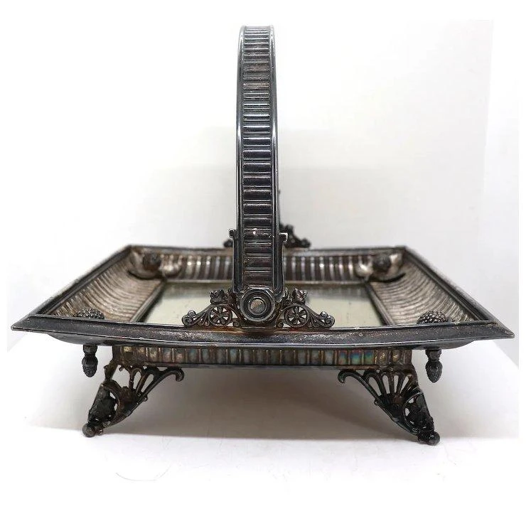 American Victorian Silverplate And Mirror Square Bride's Basket 4 American Victorian Silverplate And Mirror Square Bride's Basket - Image 4