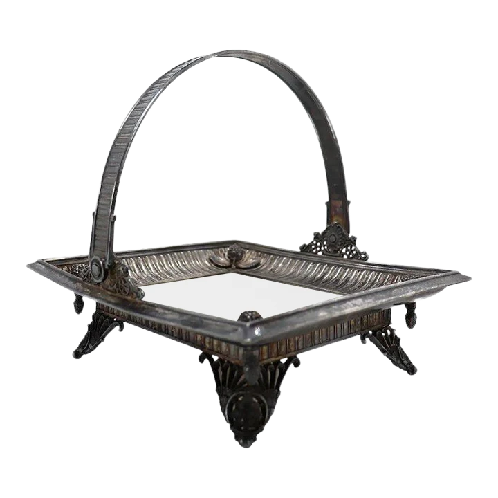American Victorian Silverplate And Mirror Square Bride's Basket 1 American Victorian Silverplate And Mirror Square Bride's Basket