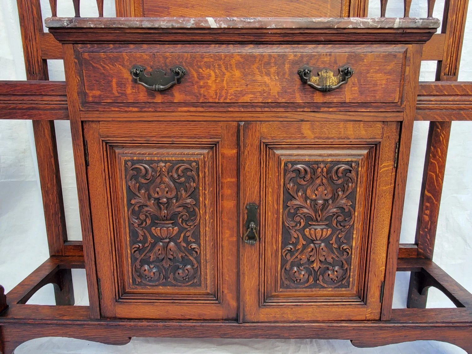 Antique 1890s Carved Oak Hall Tree W Hooks, Mirror, Marble Top & Storage Cabinet 3 Antique 1890s Carved Oak Hall Tree W Hooks, Mirror, Marble Top & Storage Cabinet - Image 3