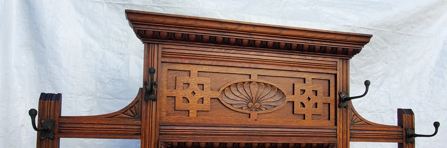 Antique 1890s Carved Oak Hall Tree W Hooks, Mirror, Marble Top & Storage Cabinet 5 Antique 1890s Carved Oak Hall Tree W Hooks, Mirror, Marble Top & Storage Cabinet - Image 5