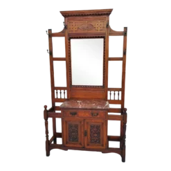 Antique 1890s Carved Oak Hall Tree W Hooks, Mirror, Marble Top & Storage Cabinet