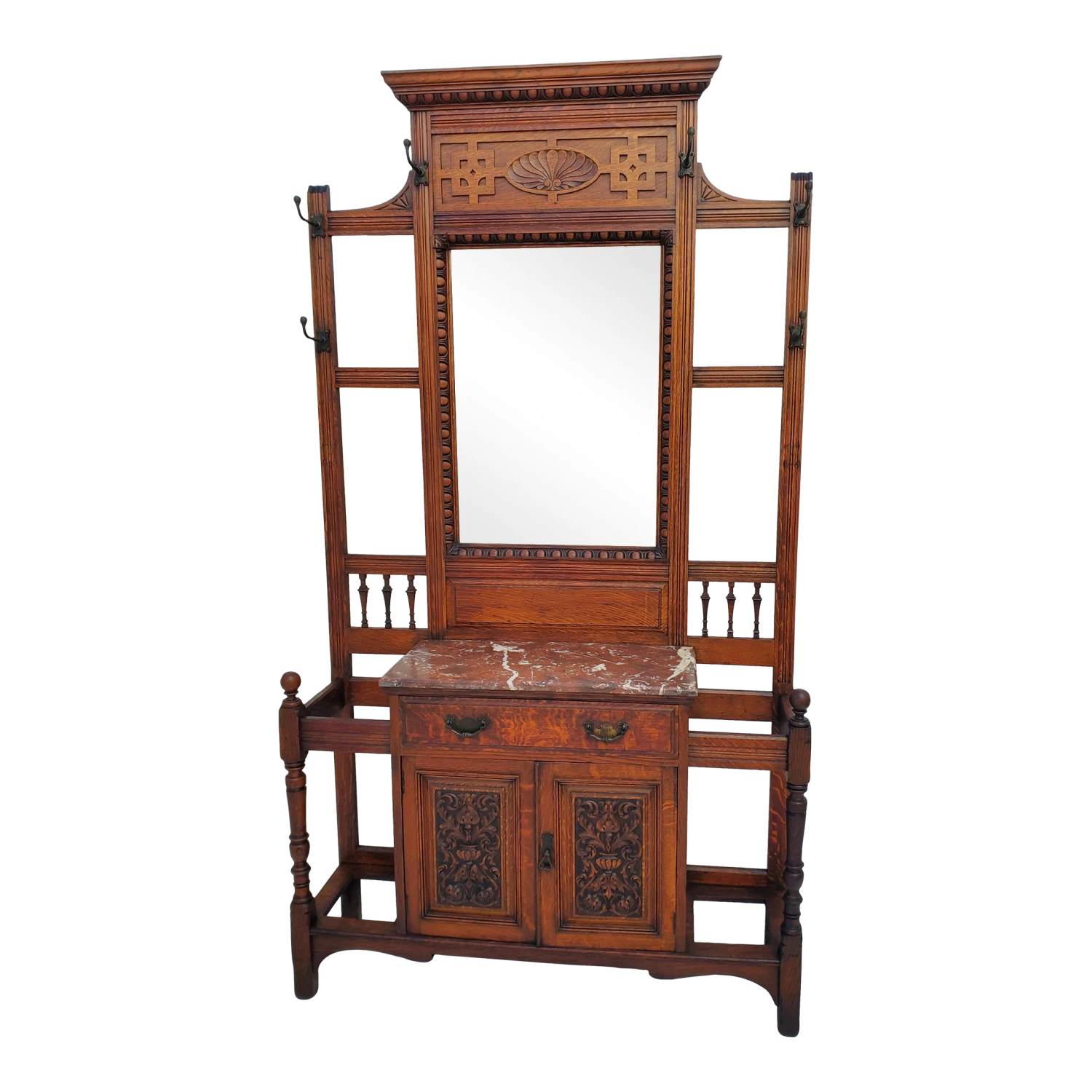 Antique 1890s Carved Oak Hall Tree W Hooks, Mirror, Marble Top & Storage Cabinet 1 Antique 1890s Carved Oak Hall Tree W Hooks, Mirror, Marble Top & Storage Cabinet