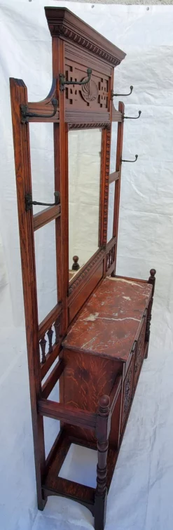 Antique 1890s Carved Oak Hall Tree W Hooks, Mirror, Marble Top & Storage Cabinet 15 Antique 1890s Carved Oak Hall Tree W Hooks, Mirror, Marble Top & Storage Cabinet -Chairish Shop antique 1890s carved oak hall tree w hooks mirror marble top and storage cabinet 6292 scaled