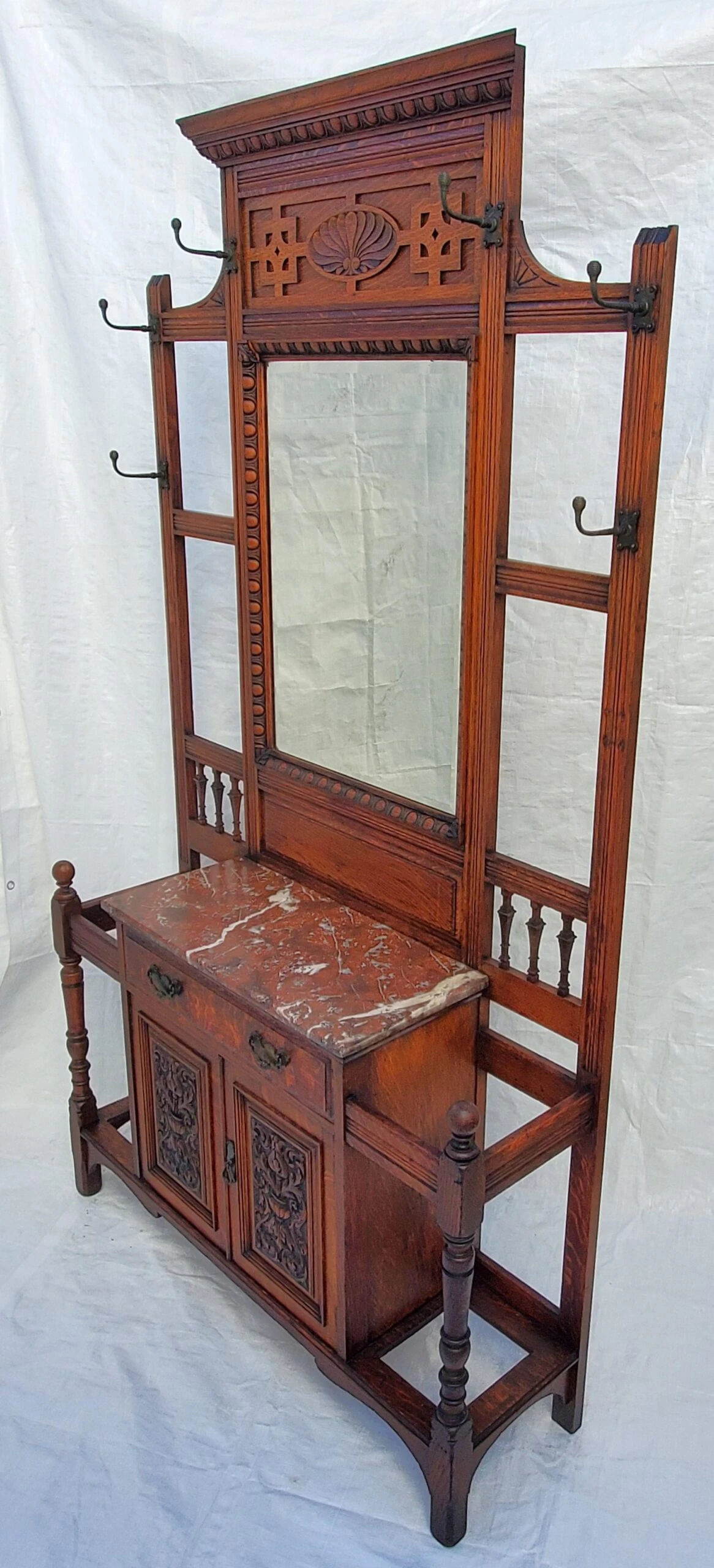Antique 1890s Carved Oak Hall Tree W Hooks, Mirror, Marble Top & Storage Cabinet 2 Antique 1890s Carved Oak Hall Tree W Hooks, Mirror, Marble Top & Storage Cabinet - Image 2