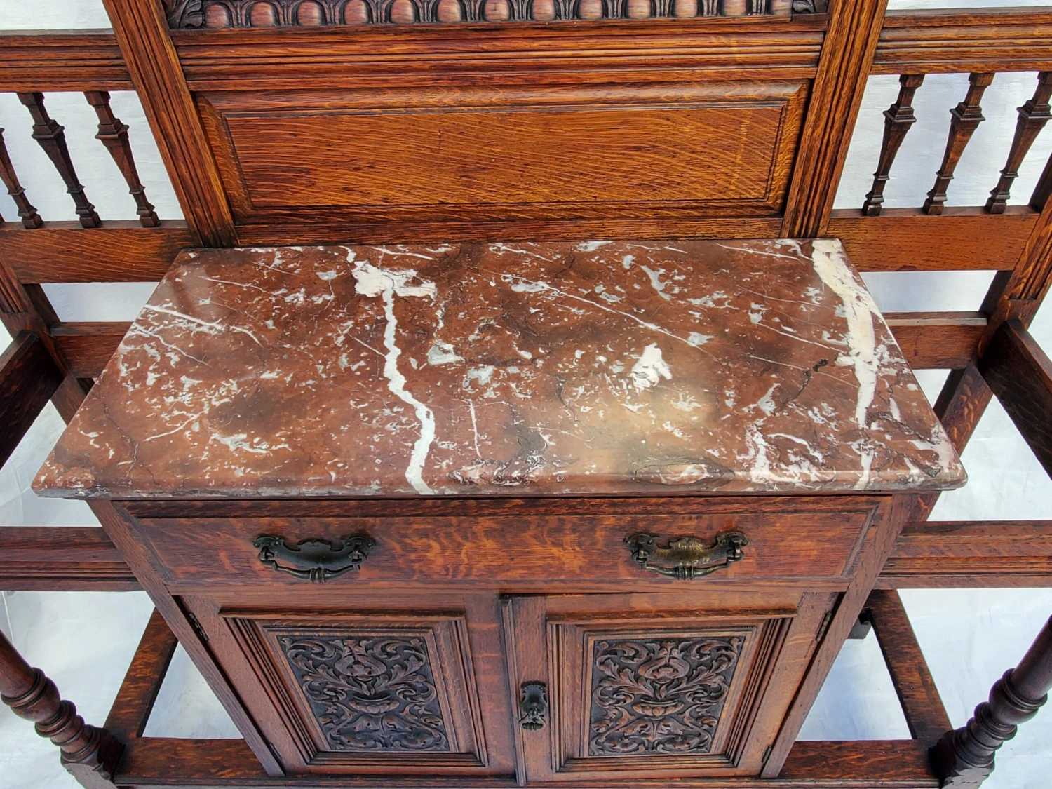 Antique 1890s Carved Oak Hall Tree W Hooks, Mirror, Marble Top & Storage Cabinet 7 Antique 1890s Carved Oak Hall Tree W Hooks, Mirror, Marble Top & Storage Cabinet - Image 7