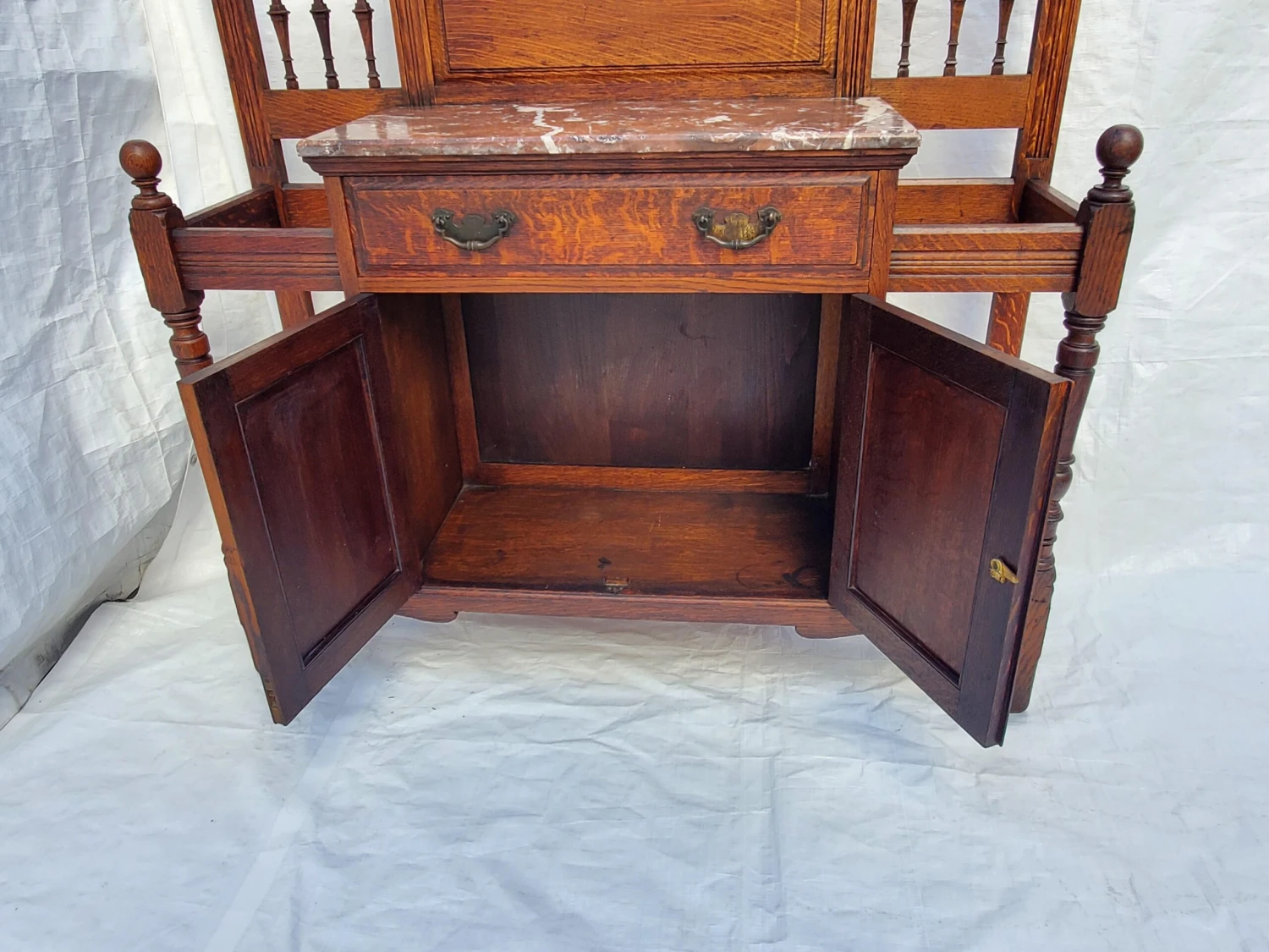 Antique 1890s Carved Oak Hall Tree W Hooks, Mirror, Marble Top & Storage Cabinet 9 Antique 1890s Carved Oak Hall Tree W Hooks, Mirror, Marble Top & Storage Cabinet - Image 9