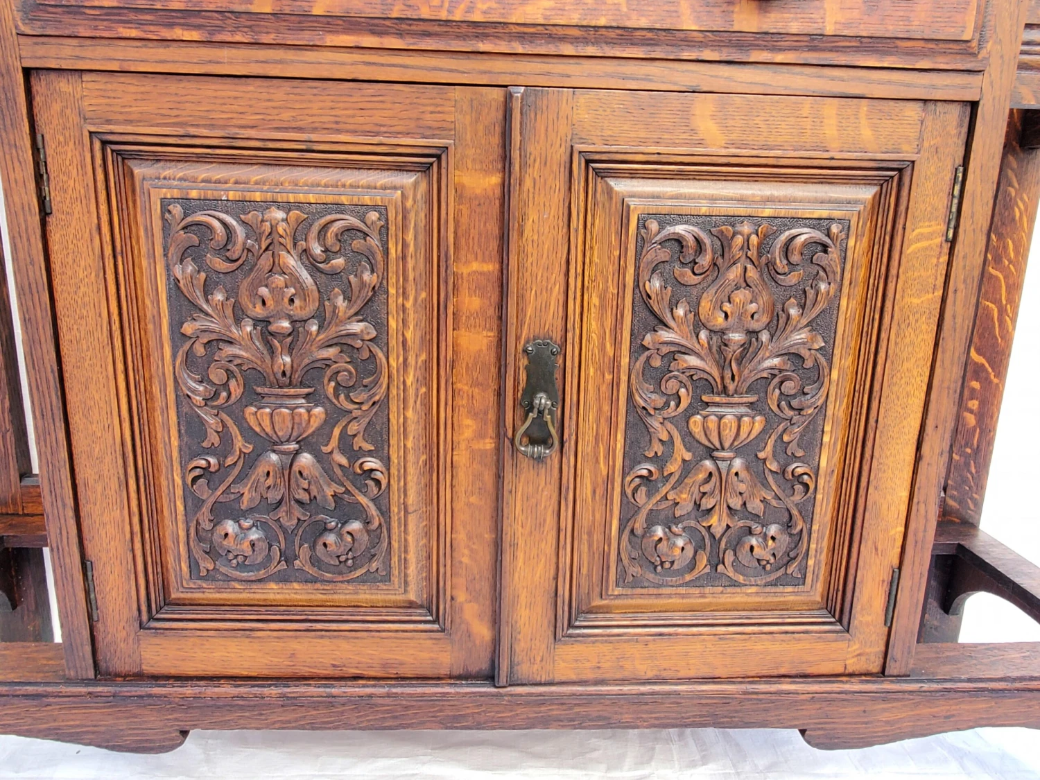 Antique 1890s Carved Oak Hall Tree W Hooks, Mirror, Marble Top & Storage Cabinet 4 Antique 1890s Carved Oak Hall Tree W Hooks, Mirror, Marble Top & Storage Cabinet - Image 4