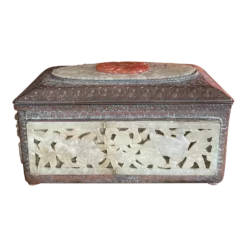 Antique Chinese Carved Jade, Copper And Brass Box
