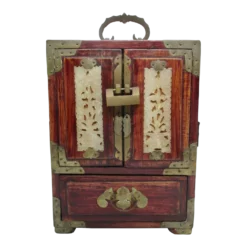 Antique Chinese Locking Wooden Vanity Box Chest With Carved Jade Brass Accent