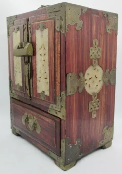 Antique Chinese Locking Wooden Vanity Box Chest With Carved Jade Brass Accent -Chairish Shop antique chinese locking wooden vanity box chest with carved jade brass accent 8267