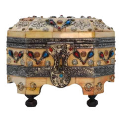 Antique Etched With Henna Bone Trinket Box With Enameled Turquoise