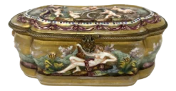 Antique Naples Capodimonte Porcelain Gilt Mounted Jewlery Dresser Or Trinket Box Casket